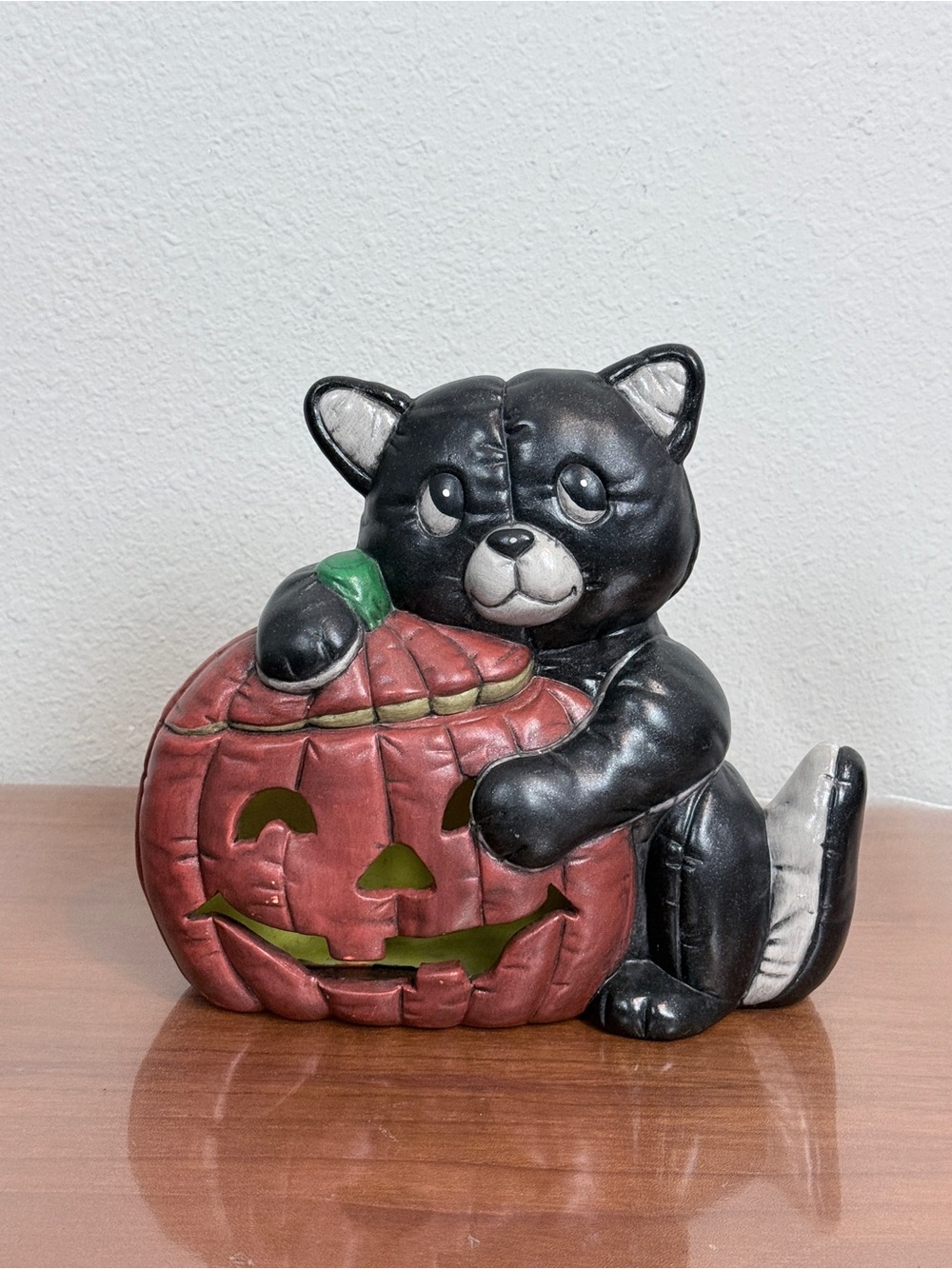Vintage Hand-painted Black Cat with Pumpkin Ceramic Bisque Halloween Figurine